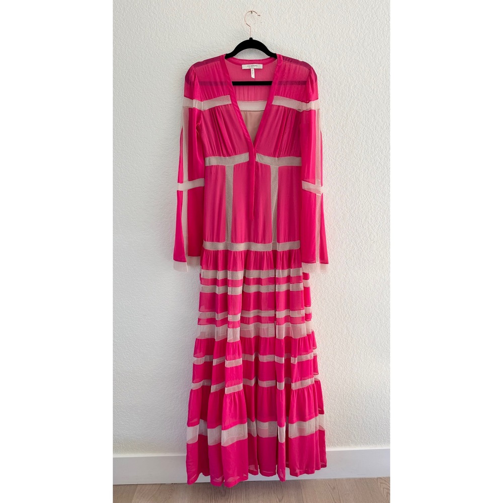 BCBGMAXAZRIA Runway Fuchsia Pink Mesh Panel Geometric Maxi Dress XS Long Sleeve